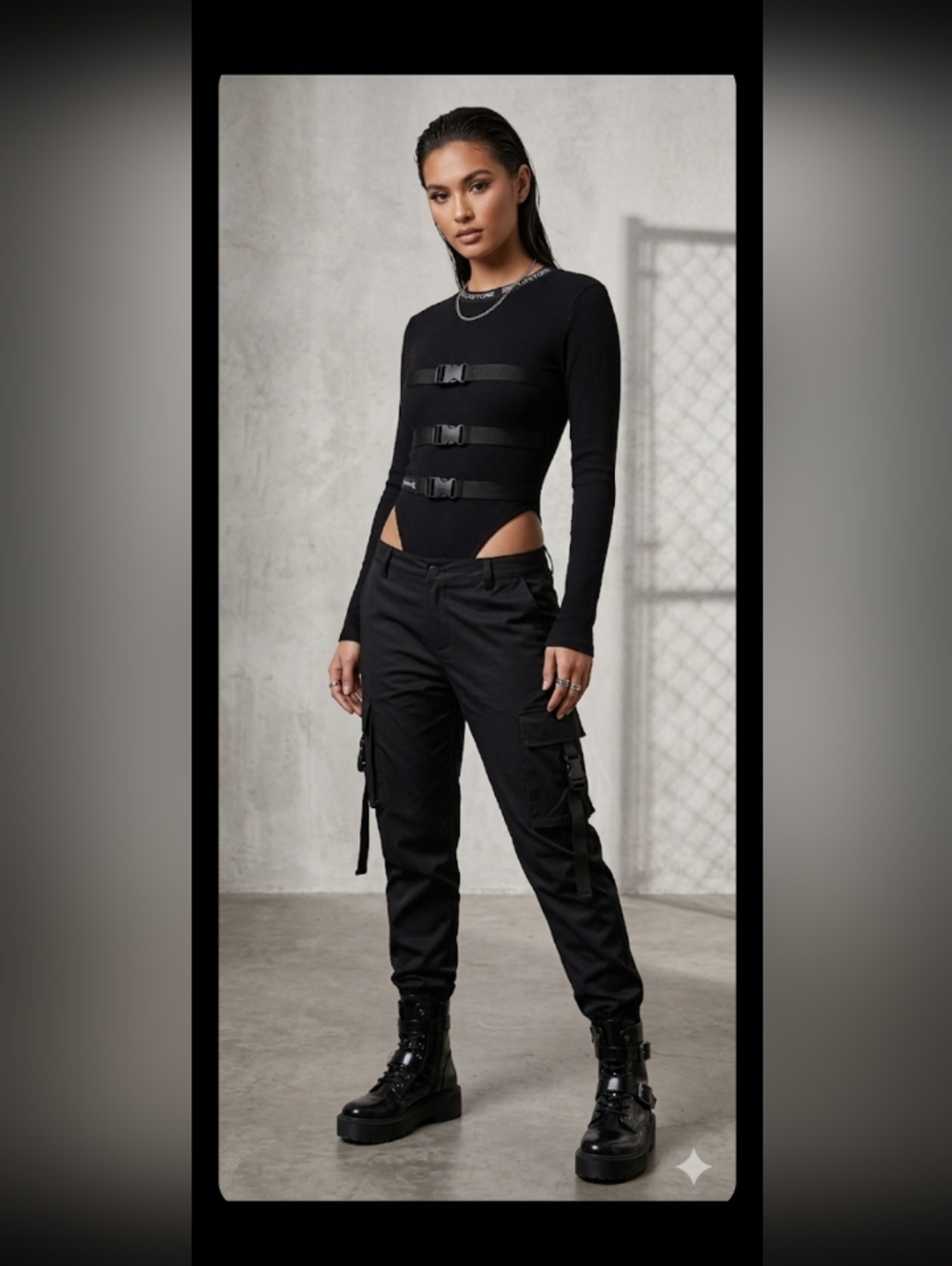 Le Fantome Techwear Black Long Sleeve Low Cut Buckle Bodysuit, Eur Med, Fits Sm